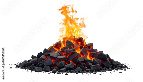 Coal pile burning with vibrant flames isolated on white backdrop for camping fuel concept.