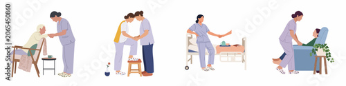 Canvas Print Professional caregiver in scrubs assisting and providing support to elderly patients in various home and clinical settings, flat vector illustration