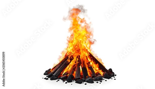 Tepee style bonfire with dark logs and high rising flames over black stones white backdrop.