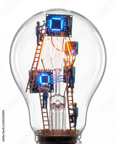 light bulb illustration for innovation banner with miniature workers and digital circuits