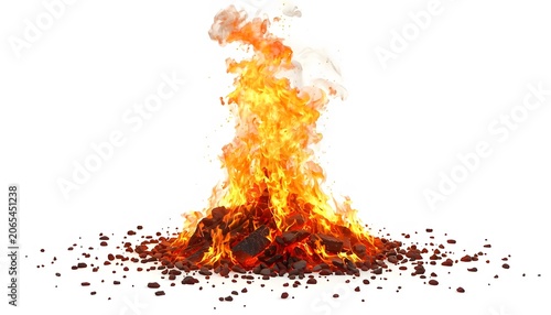 Fiery abstract explosion with burning embers and intense flames on white background.