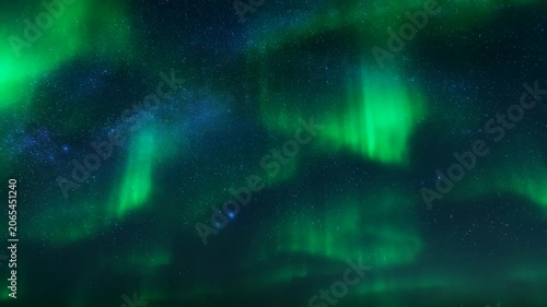 Stunning Aurora Borealis green lights dancing across a starry night sky loop. Majestic northern lights background for cosmic, winter nature, and magical celestial night sky video editing projects