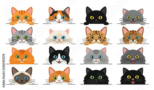 Fotografía Comic Kitty Faces Peeking with Curious Eyes and Ears Cute Cat Head Vector Illust