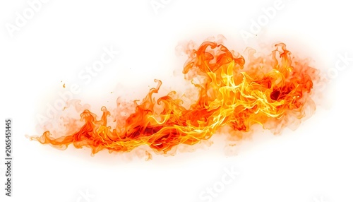 Horizontal flame stream abstract fiery wave with smoke and intense heat on white.