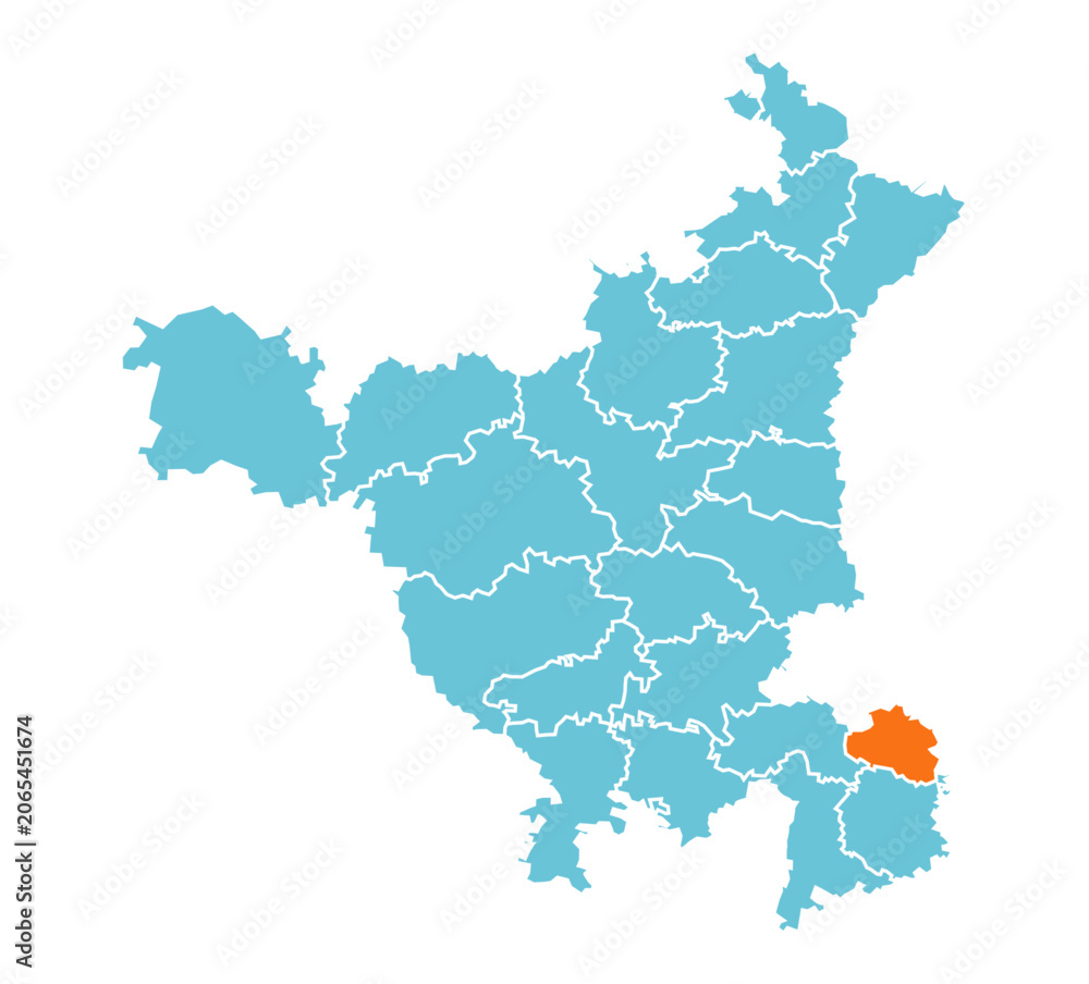 Obraz premium Faridabad district highlighted in orange on blue Haryana map