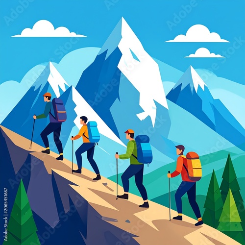 Four hikers with backpacks trekking up a mountain trail