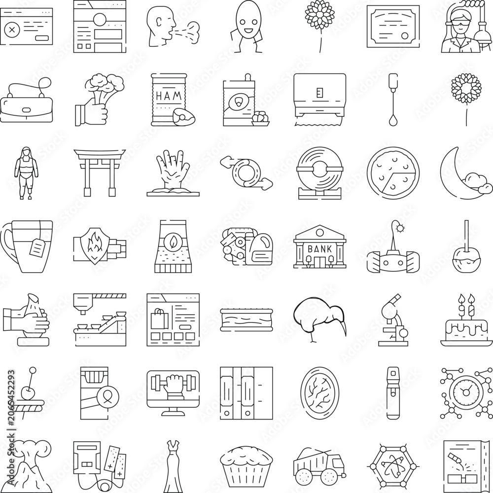 Fototapeta premium Collection of thin line vector icons depicting a wide array of themes including technology, food, science, nature, finance, and human activities, all presented in a clean, minimal graphic style