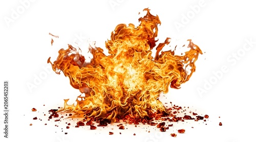 Fiery explosion with glowing embers and sparks against a white background, intense heat and energy.