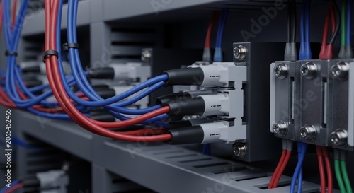 Close-up of electrical wiring and connectors in an industrial control panel.