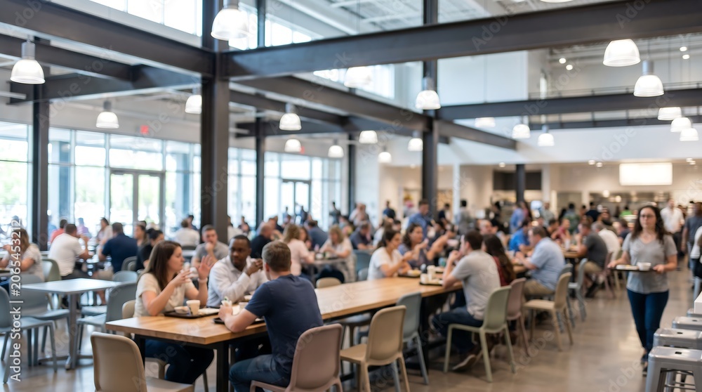 Obraz premium Crowded corporate cafeteria with employees having lunch and socializing in bright modern office canteen with industrial architecture and high ceilings during break time