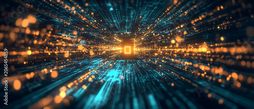 Billions of microscopic quantum particles transporting data across a dark blue futuristic landscape, cyan and gold glow, smooth depth of field, abstract innovation background, clean composition,