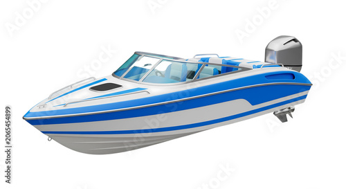 Vibrant Blue and White Speedboat with Powerful Outboard Motor, Ready for Exciting Water Adventures, Dynamic and Modern Design for Summer Fun and Marine Leisure
