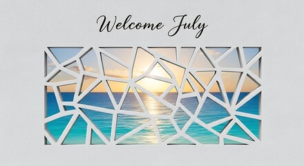 Welcome July greeting card with geometric blue and white pattern.