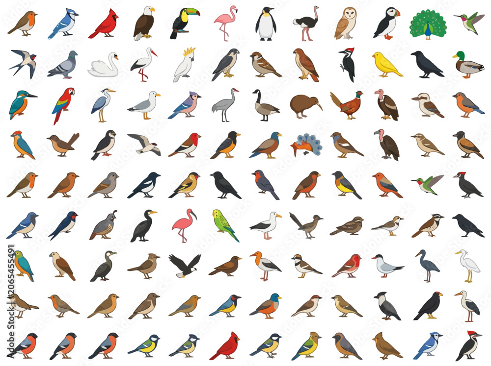 Obraz premium A comprehensive collection of various bird species illustrated in a flat vector style.