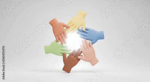 Diverse colorful hands clasped together in a circle on a light gray background, symbolizing teamwork, unity, and collaboration.