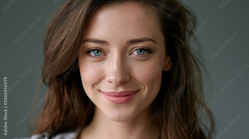 Naklejka premium Beautiful young woman with blue eyes and brown hair smiling naturally against gray background portrait