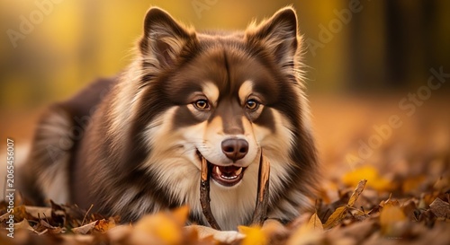 Finnish Lapphund dog playing with stick in autumn leaves, close-up portrait