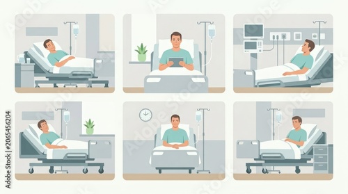 Hospital Room Patient Recovery and Care Scenes - Man in Bed with IV Drip