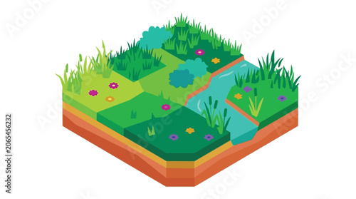 Tableau sur toile Isometric Landscape Section With Grass River And Soil Layers
