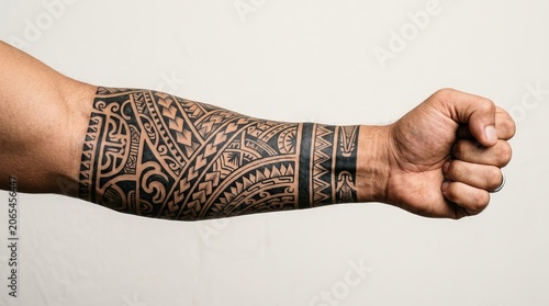Man's Arm Covered in Intricate Black Tribal Tattoo Sleeve