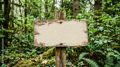 Rustic wooden signpost in lush green forest, weathered texture, copy space