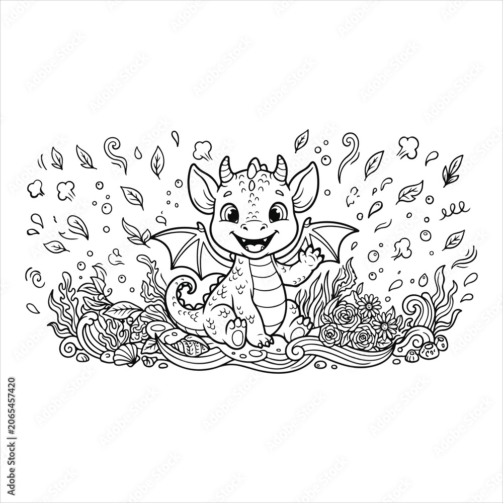 Fototapeta premium Cute dragon baby smiling for coloring books