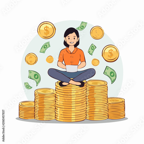Person Sitting on Stack of Coins with Money Falling
