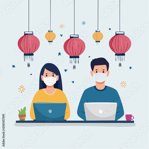 People wearing face masks working on laptops under lanterns
