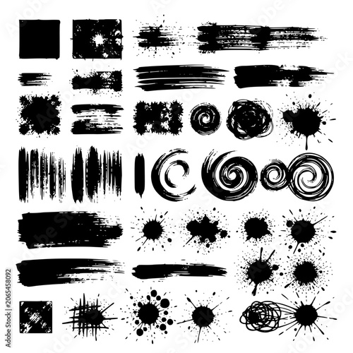 Paint brush strokes. Black vector rough edge rectangles. Grunge square frames set. Jagged edge torn paper background collection. Grungy distressed text boxes. Transparent SVG version.