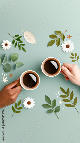 Diverse hands holding coffee cups. Representing friendship and connection over drinks. Surrounded by spring flowers and green leaves on a soft pastel background