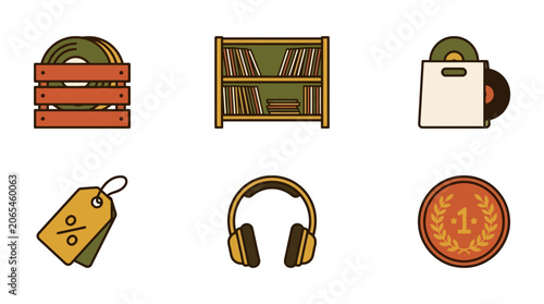 Set of vintage music and shopping icons featuring vinyl records headphones and discount tags. EPS Editable
