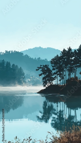 Serene Lake Scene with Forest Reflections and Mountain Backdrop Scenic