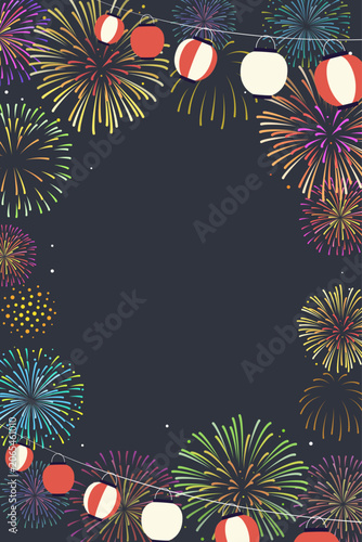 花火と提灯の夏祭り背景素材(2:3)縦_ベクターイラスト