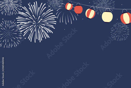 花火と提灯の夏祭り背景素材(3:2)_ベクターイラスト