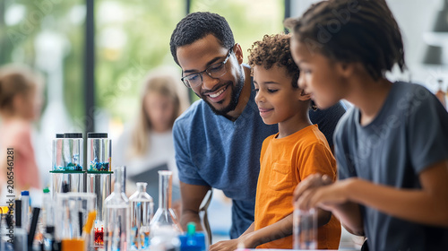 Black male teacher guiding two young boys during a chemistry science experiment in a classroom