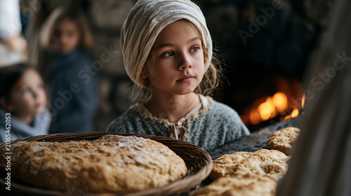 Historical reenactment troupe in full medieval guild costume demonstrating bread-baking in a stone hearth at an open-air museum, a child visitor in modern clothes watching