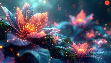 Glowing Pink Flowers in Dark Fantasy Garden.
