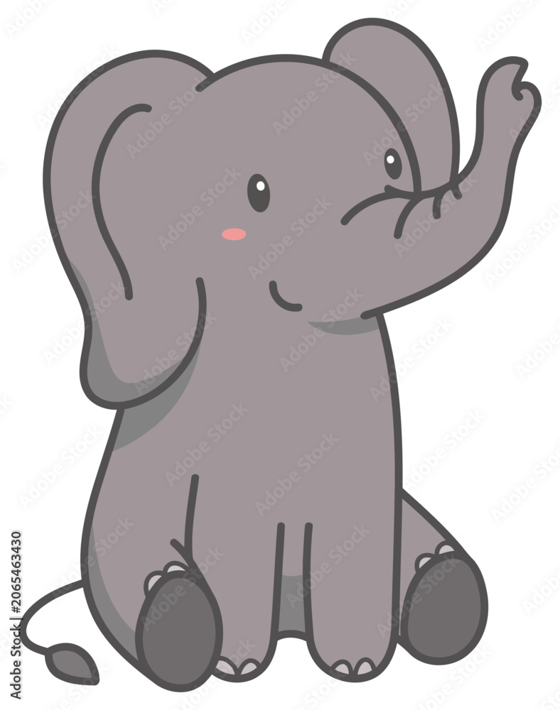 Fototapeta premium Elephant cute baby animal character with playful cartoon expression in vector outline style