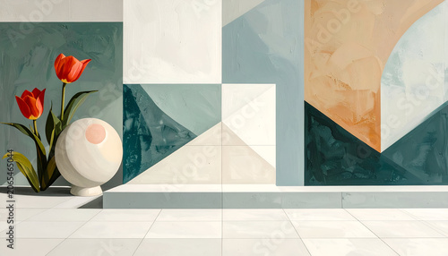 A still life of tulips, sphere, and geometric shapes against a minimalist backdrop
