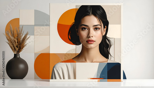 Portrait of a woman with graphic overlay, vase with reeds, neutral color palette