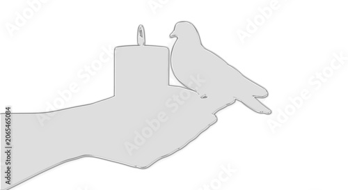 A hand holds a candle with a bird perched on its finger indoors.