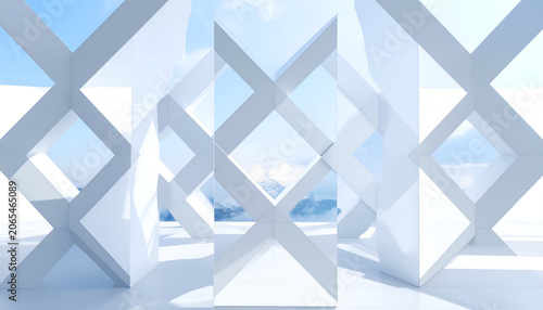 Architectural abstract white geometric structures frame a view of sky and distant mountains