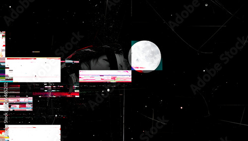 Digital art featuring a glitch effect with a moon against a starry black backdrop