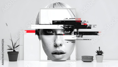Artistic digital image of a woman's face, partially obscured by digital glitch effect