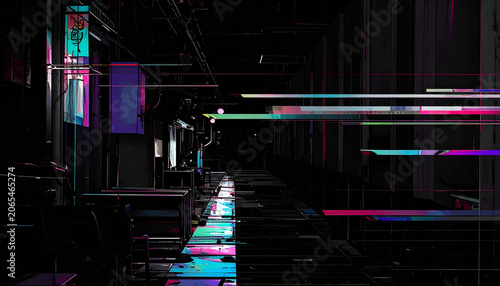 Dark, futuristic hallway with neon lights, data streams, and geometric shapes