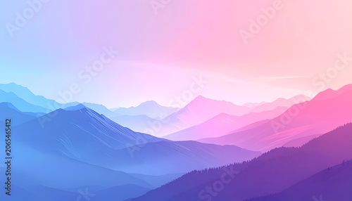 Serene, stylized mountain range bathed in a gradient of blue, pink, and purple hues