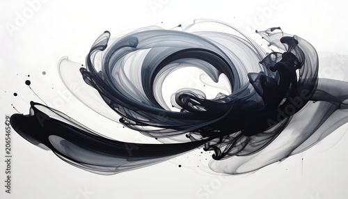 Abstract ink swirling in shades of gray against a white background, suggesting movement