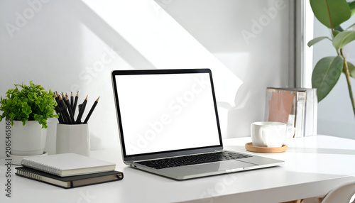 Modern desk setup featuring a laptop with a blank screen, plants, and office supplies