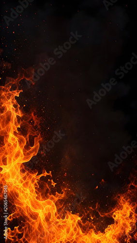 Bright fire flames burning in the dark on a black background