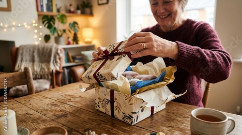 Smiling woman opening a beautifully wrapped gift box filled with knitted items